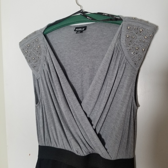 Allen B Military Inspired 2 Tone Mini Dress, Capped Studded Sleeves Black Gray M - Picture 9 of 9